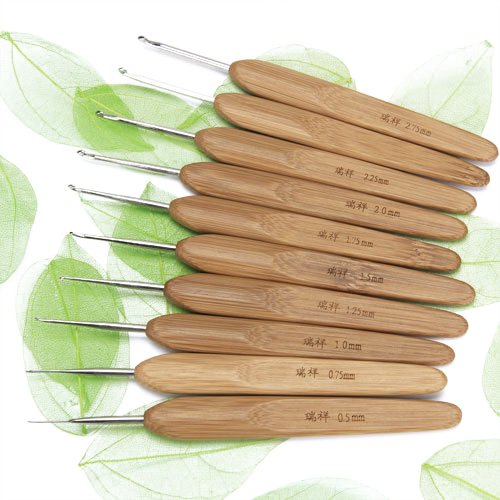 Supvox Imported Set of 10pcs Metal Crochet Hooks with Bamboo Handles 0.5-2.75mm