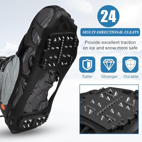 Proberos® Anti-Slip Ice Cleats for Shoes 24 Manganese Steel Spikes with Adjustable Straps Trekking Hiking Winter Snow Grips Outdoor Walking Mountain Climbing Size M 28x11cm 3PCS