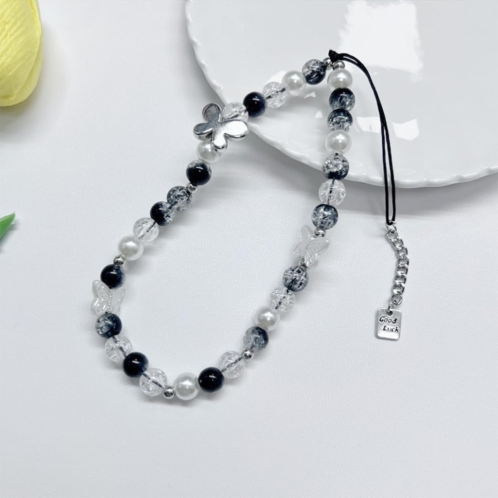 ZIBUYU Fashion Phone Lanyard Butterfly Black and White Beaded Phone Lanyard for Girls Acrylic Beaded Phone Lanyard Anti-slip Phone Lanyard Chic Phone Ornament Lanyard