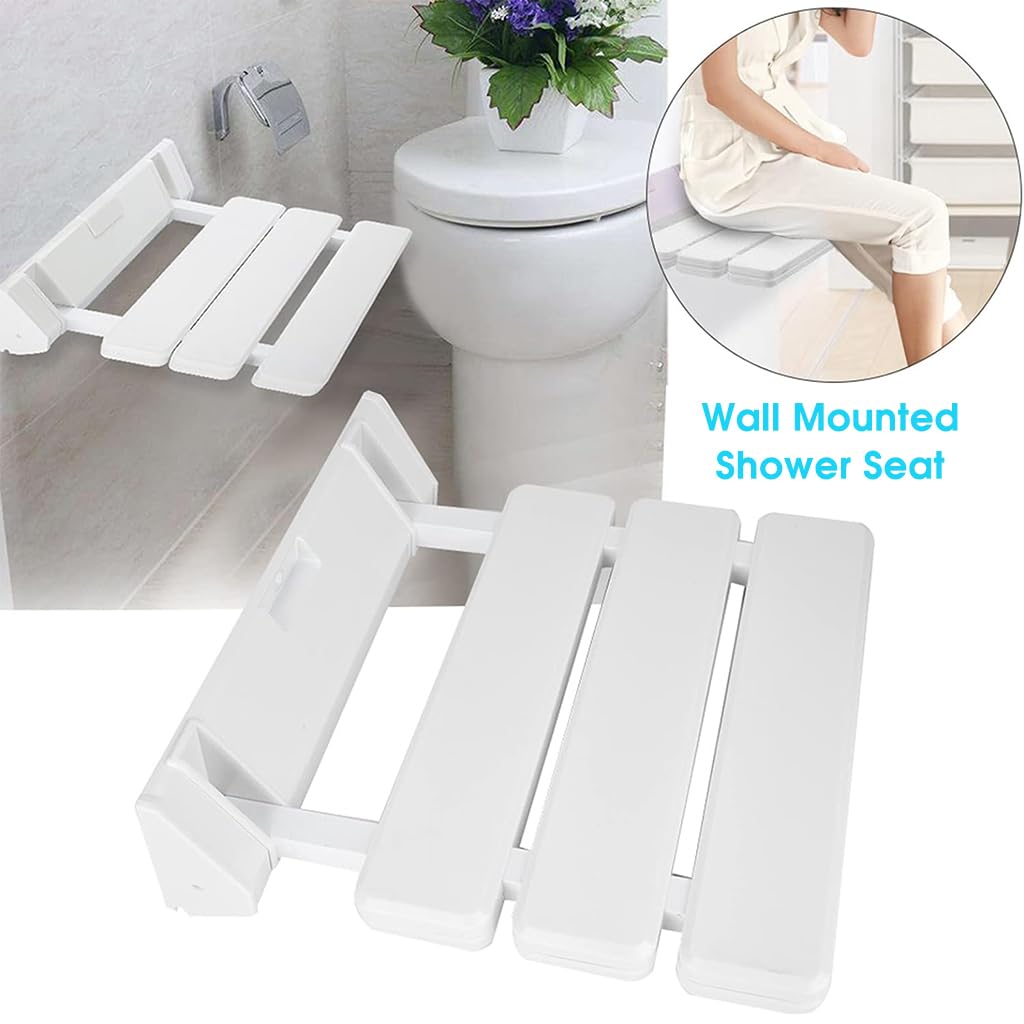 HANNEA Folding Shower Seat Wall Mounted, ABS Durable Shower Seat for Bathroom Anti-Slip Showering Seat, Fold Down Shower Seat Shower Chair for Elderly, Kids, Pregnant(White)