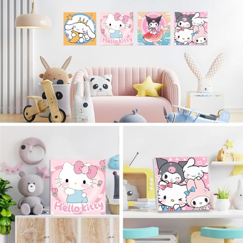 HASTHIP® Pack of 4 DIY Oil Painting Kit, Paint by Numbers with Frame, Kawaii Cartoon Oil Art Painting Wall Hanging DIY Canvas Painting with Painting Tool Kit Wall Decoration DIY Gift 7.8x7.8inch