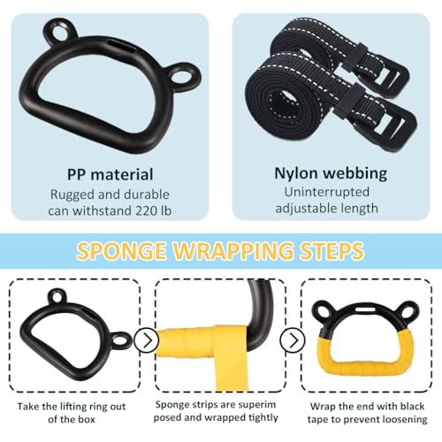 Proberos® Kids Gymnastic Rings 2 Pair with Adjustable Heavy-Duty Nylon Strap, Rubberized Grip, 360Lbs Loading, Durable Design, Ideal for Home Fitness, Gym & Outdoor Training for Kids & Teens