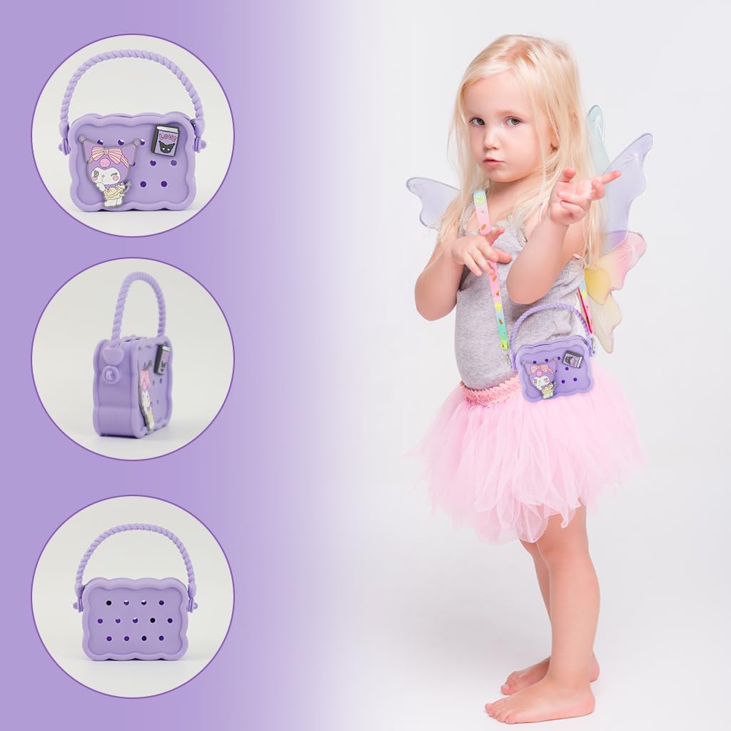 PATPAT Kawaii Girls Bag Cartoon Kuromi Purse Bag Silicone Kids Beach Bag Mini Hand Bag DIY Charming Purple Silicone Hand Bag for Girls Birthday Gift for Kids, 12x9cm
