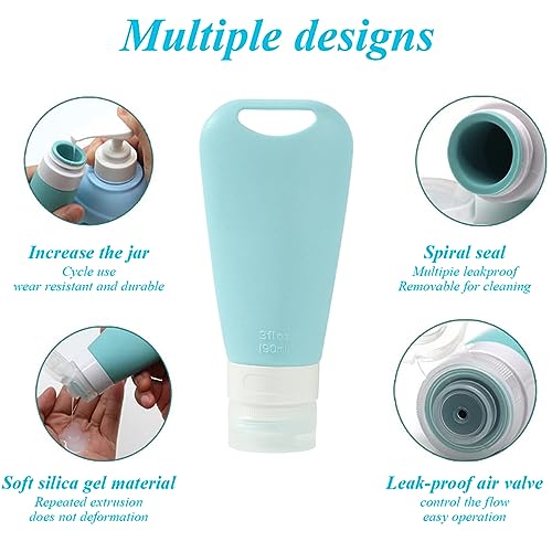 MAYCREATE 3 Pack 90ml Travel Bottles for Toiletries, Refillable Soft Silicone Travel Toiletry Bottle Container Shampoo Bottle Lotion Dispenser Set with Carabiners