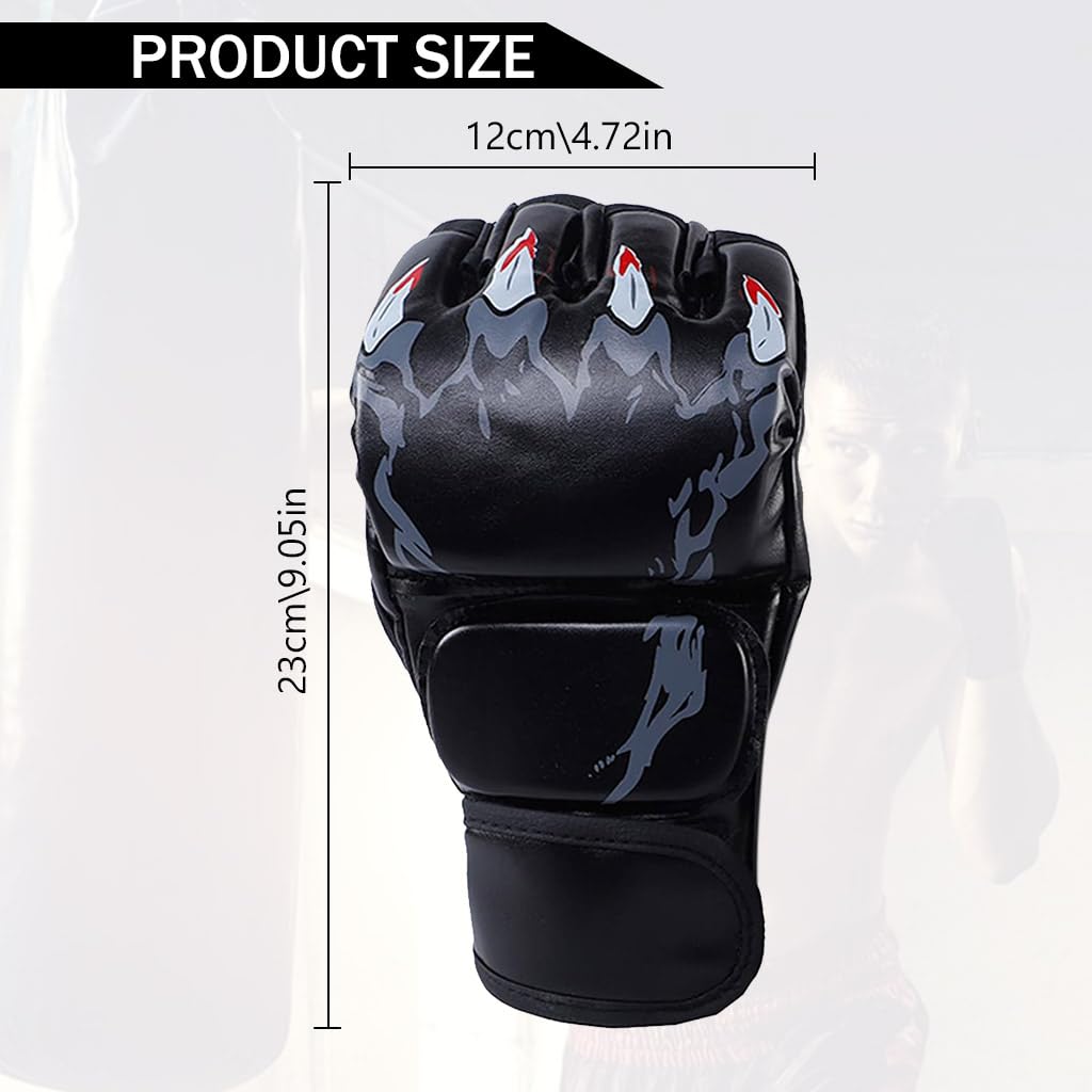 Proberos Boxing Gloves Black Print MMA Gloves with Adjustable Wristband, Breathable Fingerless MMA Gloves for Boxing, Muay Thai and Sparring Sessions, Punching Gloves