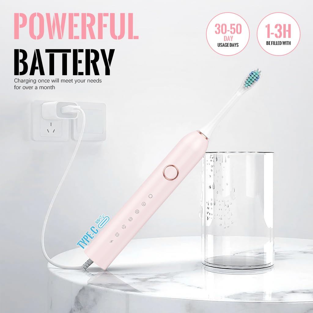 HANNEA Electric Toothbrush for Adult Soft Bristles Electric Toothbrush with 8 Replacement Brush Heads Ultra Sonic Toothbrush with 6 Cleaing Modes USB Electric Toothbrush, with Storage Case