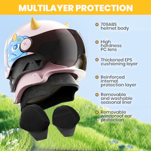 Proberos® Bike Helmet for Kids Teens 4-15 Years Old Cushioning Lining Safety Helmet with Adjustable Chin Strap, Anti-Glare Goggle, Ear Pads, 3D Cartoon Safety Helmet for Bike, Scooter
