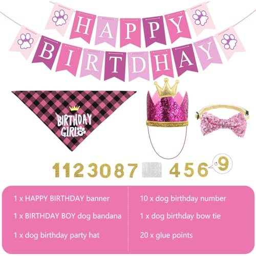 Qpets Dog Birthday Party Set, Paw-print Dog Birthday Banner Dog Birthday Bandanas, Doggie Sequine Bow Ties, Crown Birthday Hat, Golden Number Decorations Birthday Party for Dogs, Pink