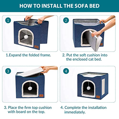 Qpets® Cat Beds for Large Cats House Cave with Fluffy Ball Hanging Toy and Scratch Pad Foldable Hideaway Blue 16.5x16.5x14 inches 3 PCS