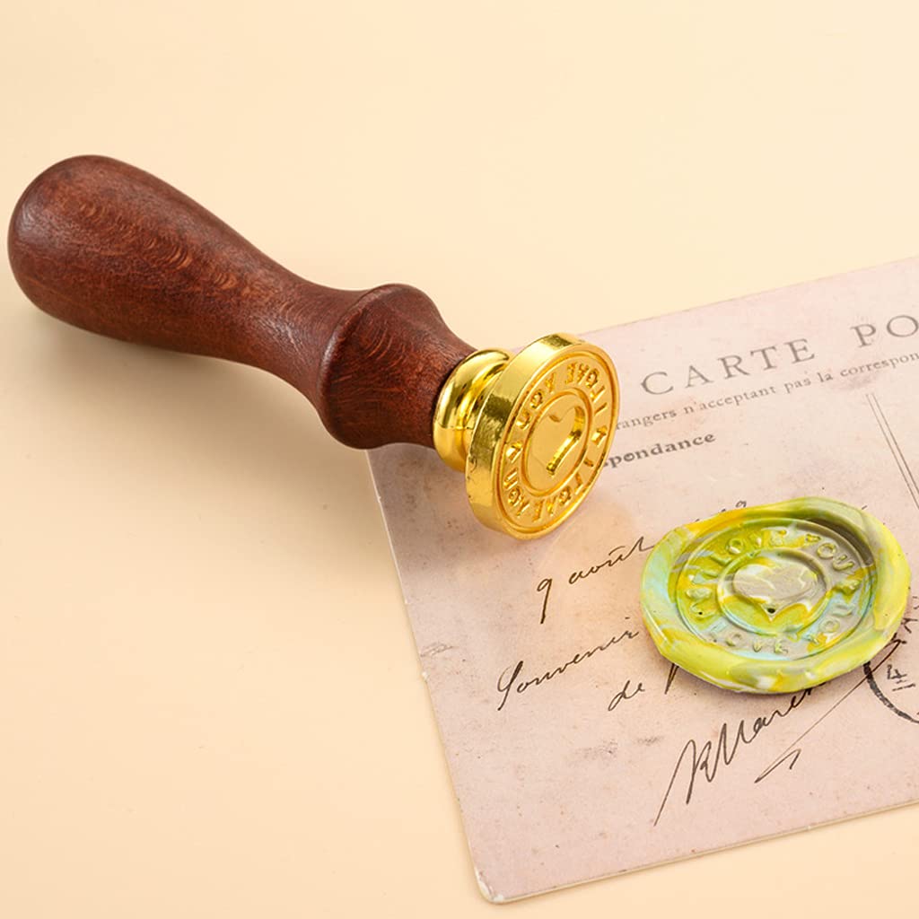HASTHIP Wax Seal Stamp Set, Seal Stamp Kit, 7 Pieces Sealing Wax Stamps Copper Seals + Wooden Hilt, Vintage Classical Initial Seal Wax Stamp Kit with Gift Box (Love)