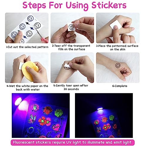 MAYCREATE 8-Sheet UV Neon Face Tattoo Sticker Temporary Tattoos, Glow in the Dark Face Tattoos, Butterfly Mermaid Fluorescence Fake Tattoo Stickers for Halloween Rave Festival Party Supplies