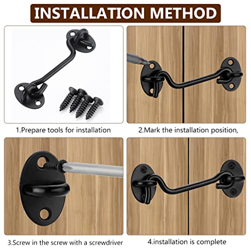 HASTHIP 2Pcs 4 Inch Sliding Door Lock, Barn Door Lock Gate Latch, Gate Hooks and Eyes, Rust-Resistant Metal Gate Latch with Screws, Privacy Hooks Latch for Door, Window, Cabin, Barn (Black)