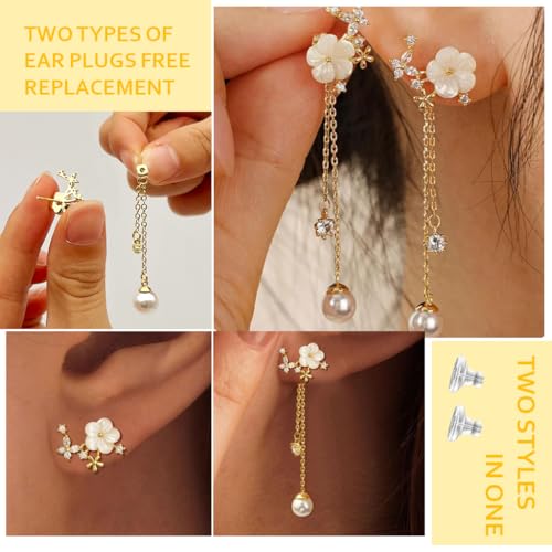 SANNIDHI® Dangle Pearl Drop Earrings For Women Trendy Long Threader Chain Dainty Flower Earrings For Brides CZ Cute 14K Gold Statement Sparkly Jewelry