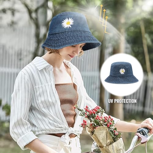 PALAY Women Bucket Hat Embroidery Daisy Flower Denim Bucket Hat Sun Hat Casual Outdoor Sun Cap Wide Brim Hat