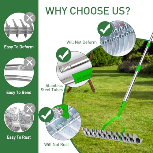 HASTHIP® Dual-Edge Garden Rake 170CM Farming Thatch Alloy Steel Adjustable Handle Loosening Soil Cleaning Grass Heavy Duty Agriculture Tool Suitable for Lawn 2PCS
