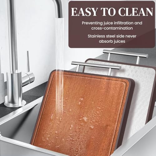 HASTHIP 1PACK Double Sided Stainless Steel and Ebony Wood Cutting Board - Anti-Bacterial Wood Chop with Metal Handel, Premium Stainless Steel Cutting Boards for Kitchen, 42.5x30.5x2cm