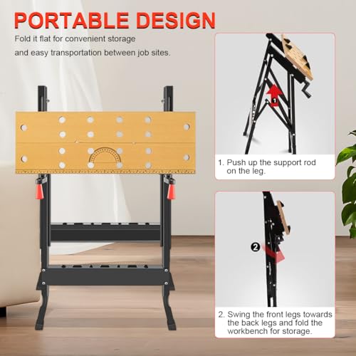 Serplex® Woodwork Bench Portable Wood Workbench, Folding Workbench with Crank Handles, Etched Ruler Design, Multi Work Bench with Tool Storage Slots, for Sawing, Drilling, Sanding,