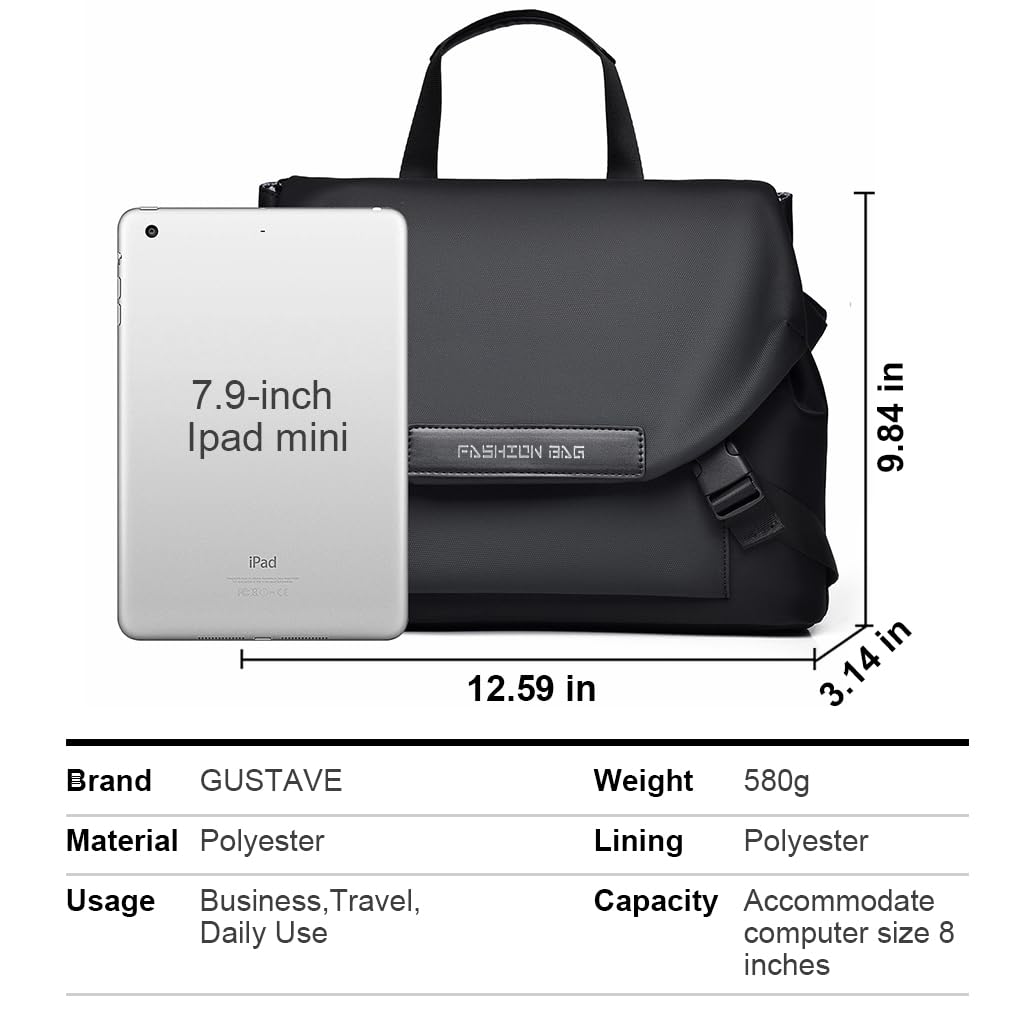 GUSTAVE Fashion Satchel Bag for Men Waterproof Polyester Crossbody Bag with Handle Multi Layer Travel Shoulder Bag Tote Bag for Men Lightweight Messenger Bag Casual Bag Day Bag, 32x25cm