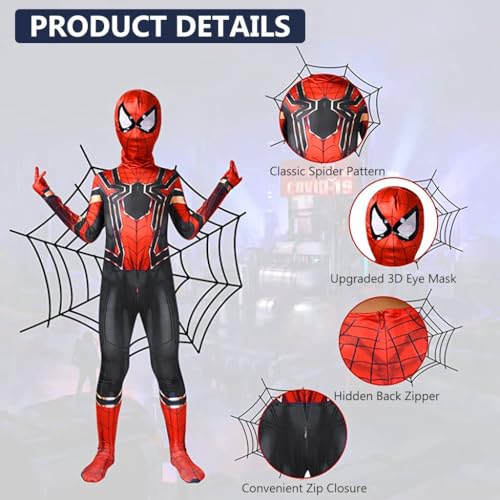 GUSTAVE® Spiderman Costume For Kids 3D Prints Spider Man Set 10-12 Years Gift Party Halloween Size M Suggest Height 145-155Cm Black Red Down 2 PCS