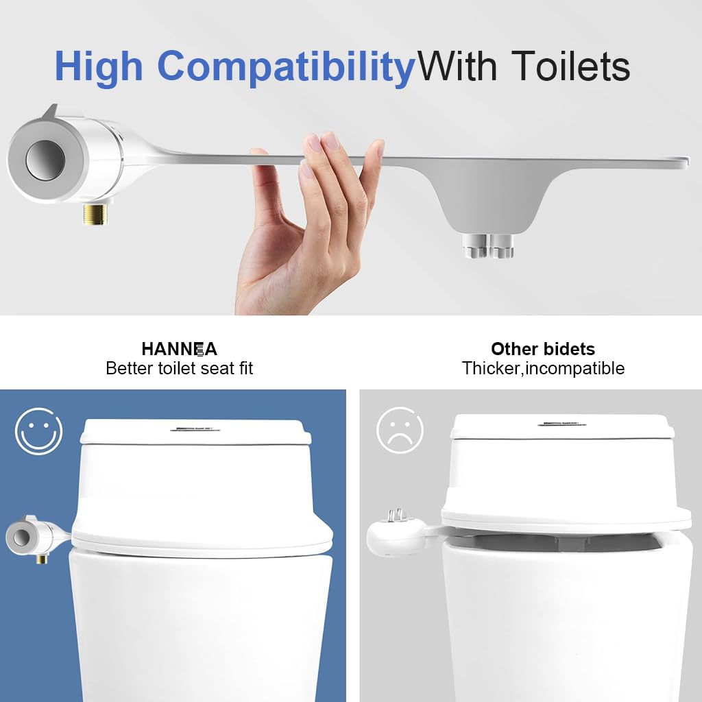 HANNEA Jet Spray for Toilet Portable Ultra-Slim Bidet Spray with Dual Nozzles (Posterior/Feminine Wash) Adjustable Water Pressure, Non-Electric Bidet for Toilet Seat Attachment