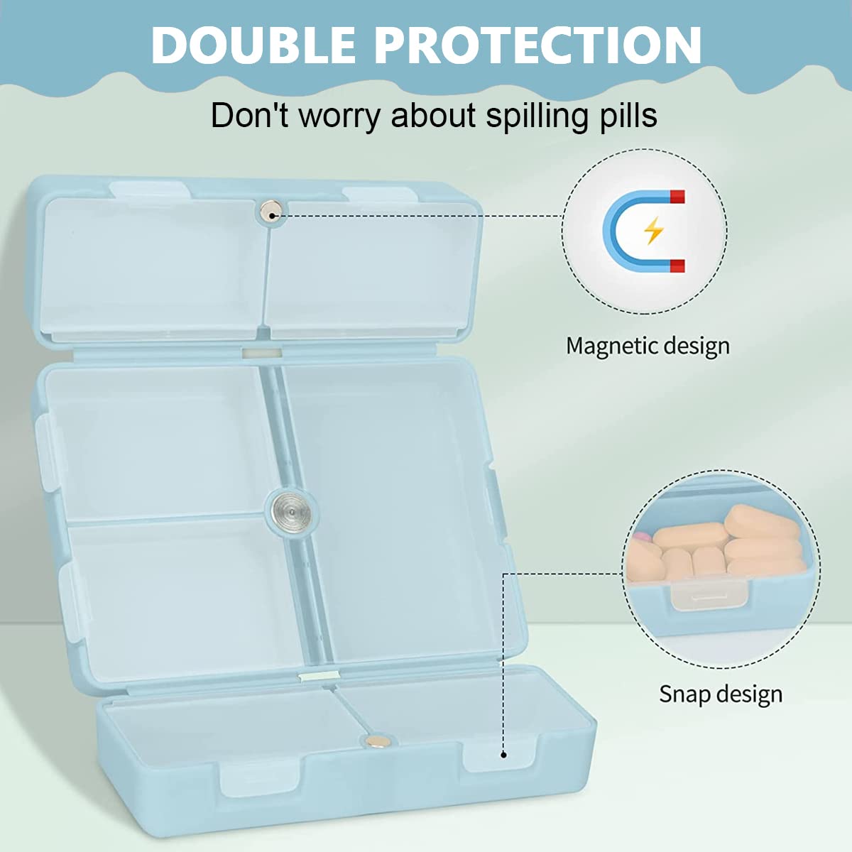 HANNEA Travel Pill Box Large Capacity Pill Organizer Box with 4 Compartments Medicine Transparent Foodgrade PP Pill Box with Rotatable Lid Pill Box for Vitamin, Fish Oil, Tablets, Green