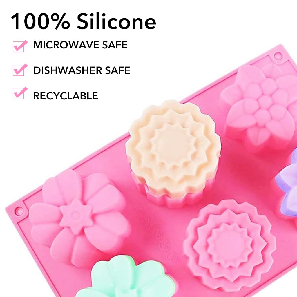 HASTHIP 3Pcs Silicone Soap Molds, 6 Styles Flowers Soap Mold with Different Flower Shapes, Flower Shaped Molds for Soap Making, Handmade Candles, Resin Art