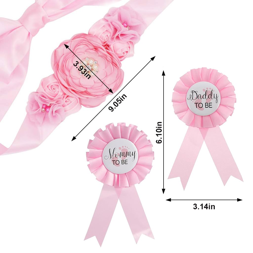 PALAY Mom to Be Decoration Items Set Mom to Be Flower Sash Set Maternity Shoot Props Baby Shower Daddy to Be Corsage Pin Flower Belt for Maternity Dress Mom to Be Props Supplies-Pink