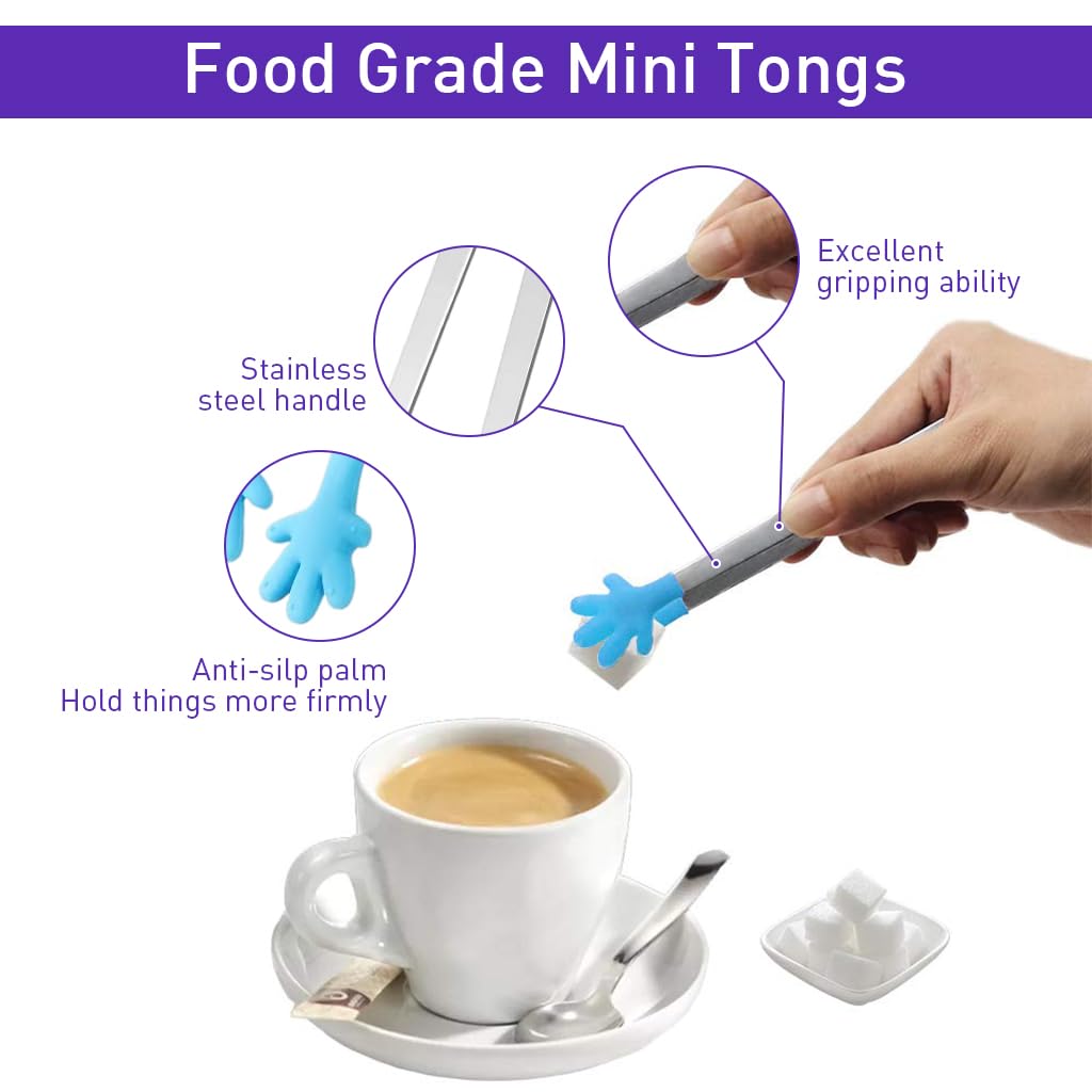 HASTHIP 3Pcs Small Kitchen Tongs 5.1'' Stainless Steel Creative Color Silicone Palm Food Tongs Dessert Pastries Tongs Ice Cube Tongs Sushi Tongs Kids Food Tongs Party Supplies