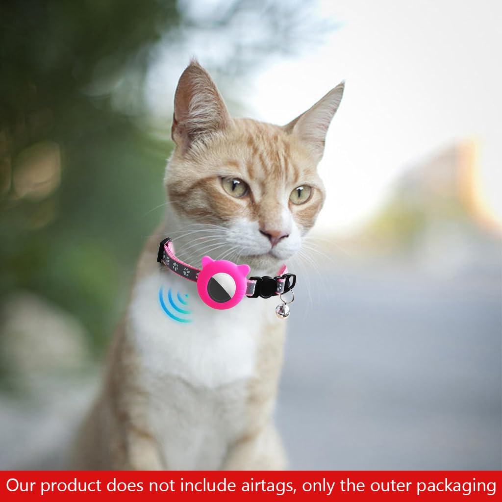 Qpets Pink Cat Collar with Silicone Airtag Holder, Reflective Airtag Case Cat Collar with Bell Quick Release Adjustable Cat Collar for Small Cat Kitten (8.6-10.8