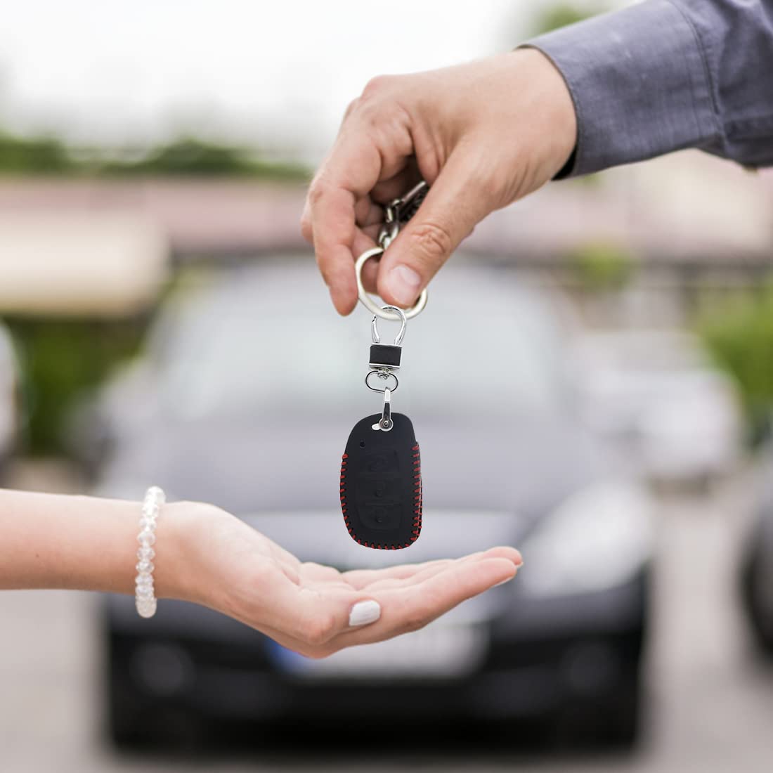 GUSTAVE Car Key Case, Soft Leather Key Cover for Hyundai 3 Button Smart Key with Keychain (3 Button Smart Key, Black)