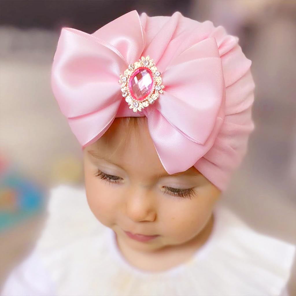 PALAY 3pcs Turban Caps for Baby Girl Boy Cute Infant Bow Caps for Baby Girl Stretchy Crystal Satin Bow Hat for Baby Girls Shower Gift Baby Caps for Born 0-12 Months