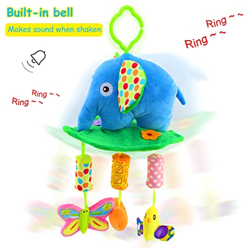 PATPAT Hanging Toys for Babies 0-6 Months, Rattle Crinkle Squeaky Toy Car Seat Plush Stroller Toy with Teethers Plush Animal C-Clip Ring for Infant Babies Boys and Girls 3 6 9 to 12 Months -Elephant