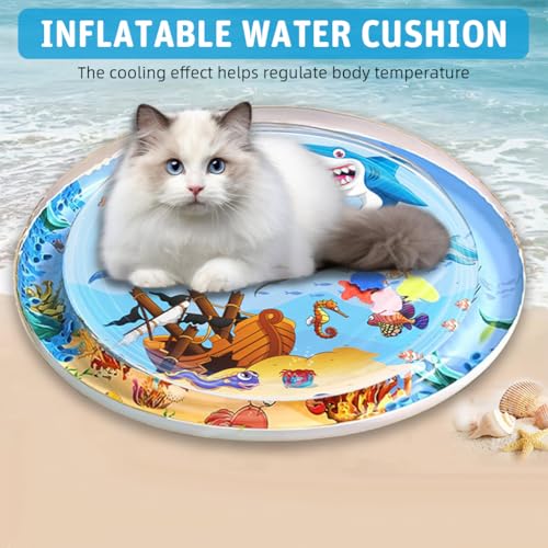 Qpets Cat Water Bed Inflatable Water Mat with Air Pump Summer Cooling Down Water Bed Anti-Scratch Thicken PVC Game Water Mat with Built in Fish Ornaments, 39.37 inches Dia
