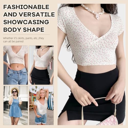 PALAY Women's V Neck Short Sleeve Floral Shirts Sexy Slim Tunics Tee Victorian Boho Summer Tops Shirts Going Out Tops, XXL