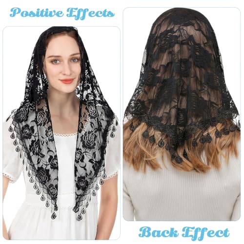 PALAY® Triangle Lace Mantilla Veil Head Scarf Church Mass for Women Embroidery Rose Tassel Ladies Cathedral Covering Wedding Bridesmaids Black 3PCS