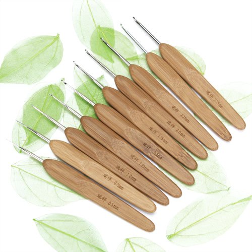 Supvox Imported Set of 10pcs Metal Crochet Hooks with Bamboo Handles 0.5-2.75mm