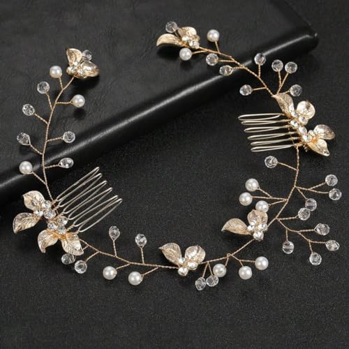SANNIDHI Bridal Headpiece Golden Pearl Rhinestone Flower Crown Fairy Headpiece Side Combs Bridal Headwear Alloy Metal Bridal Wreath Headpiece Hair Accessiory Wedding Headpiece