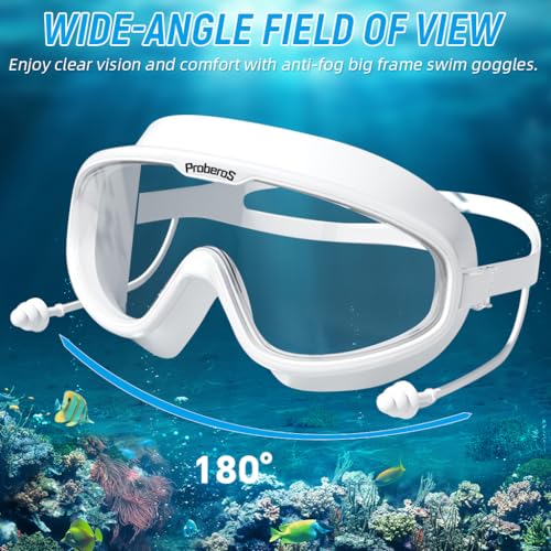 Proberos® Big Frame Anti-Fog Swim Goggles with UV Protection Waterproof Earplugs for Men Women Leakproof Silicone Design Adjustable Strap Protective Case Wide-Vision Clear Lens White 3PCS