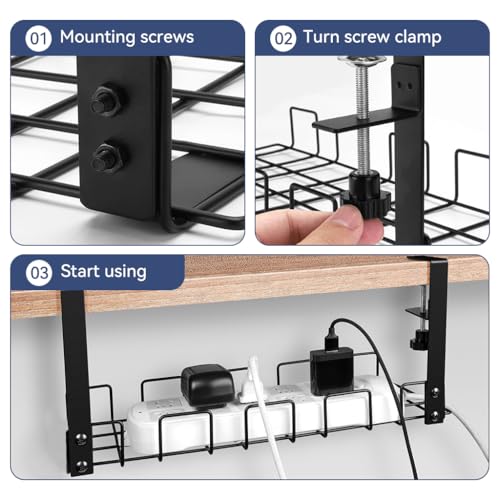 OFIFO® No Drill Under Desk Cable Management Tray, Space-Saving Rack, Sturdy Metal Wire Organizer Basket for Office and Home Standing Desk, 40x13x15cm (White)