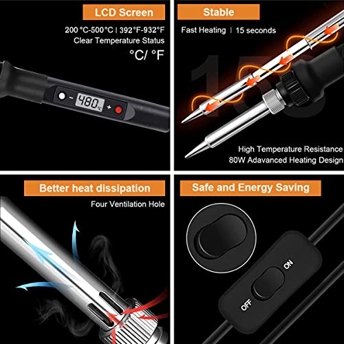 Serplex® 80W Soldering Iron Kit with LCD, 5 Tips, 10 Extra Replacement Tips, Temp Adjustable 200-500°C, Welding Tools for DIY, Repair, Crafts, Electronics, Scrapbooking, Journaling