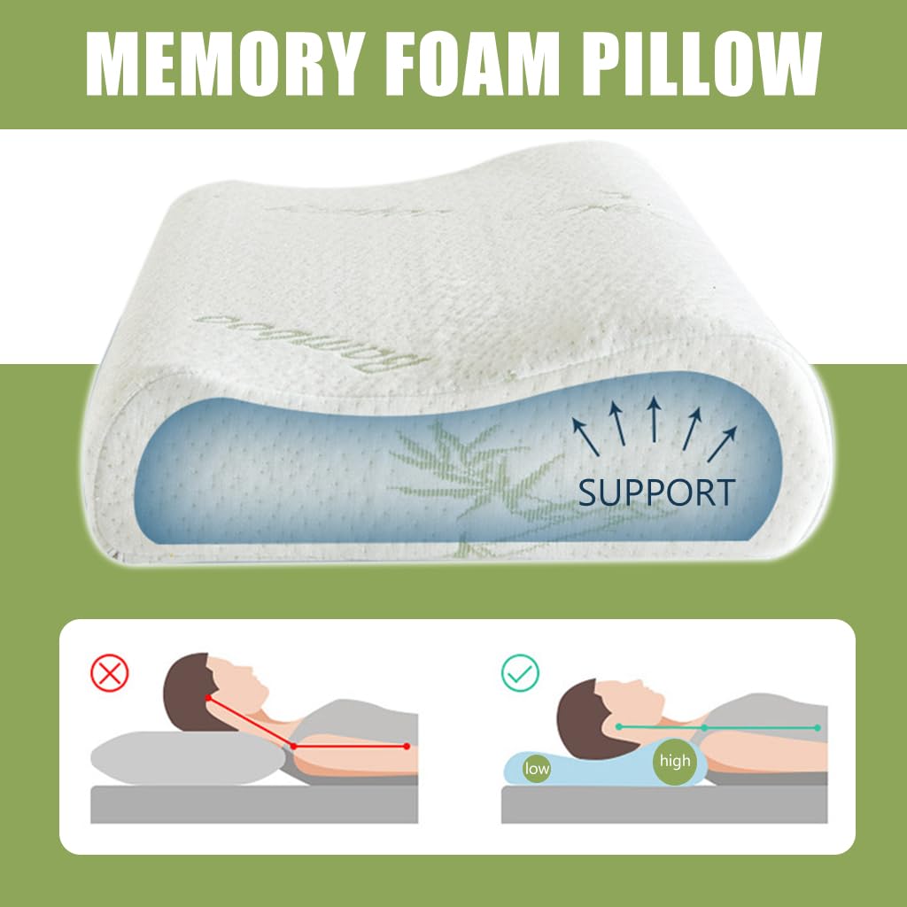 HASTHIP Sleeping Pillow Memory Foam Pillow Supportive Neck Contour Design Bamboo Fiber Memory Foam Pillow Gentle Supportive Sleeping Pillow