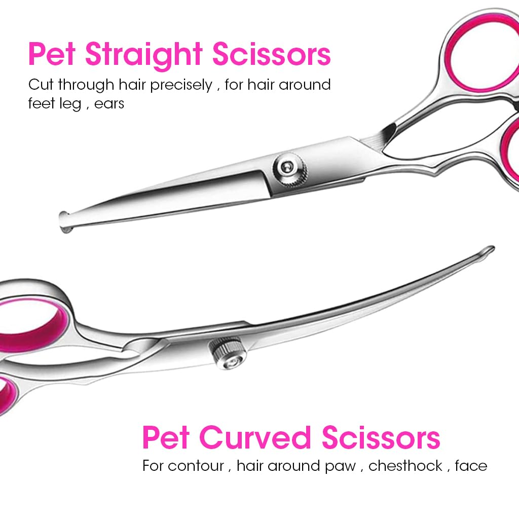 Qpets Dog Grooming Kit 5 Pack, Stainless Steel Dog Trimmer Kit, Pet Grooming Scissors Set with Grooming Comb, Cutting Scissors Thinning Shear Curved Scissors, Grooming Hair for Small Large Dog Cat
