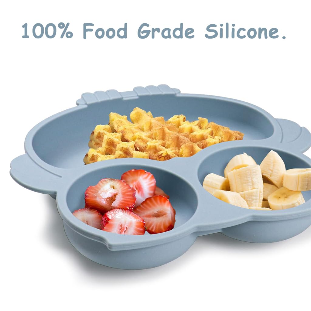 SNOWIE SOFT Baby Suction Plates for Baby Feeding with 4 Strong Suction Cups, Silicone Toddler Plates with Deep Divided for Kids to Feed Themselves, Dish Washer & Micro-Wave Oven Safe