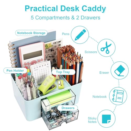 ZIBUYU® SkyBlue Pencil Pen Holder Desk Organizer, 2 Drawer & 5 Compartment ABS Plastic Stationery Storage, Waterproof Desktop Organizer for Office, School, Home, Makeup & Art Supplies, Cute Blue