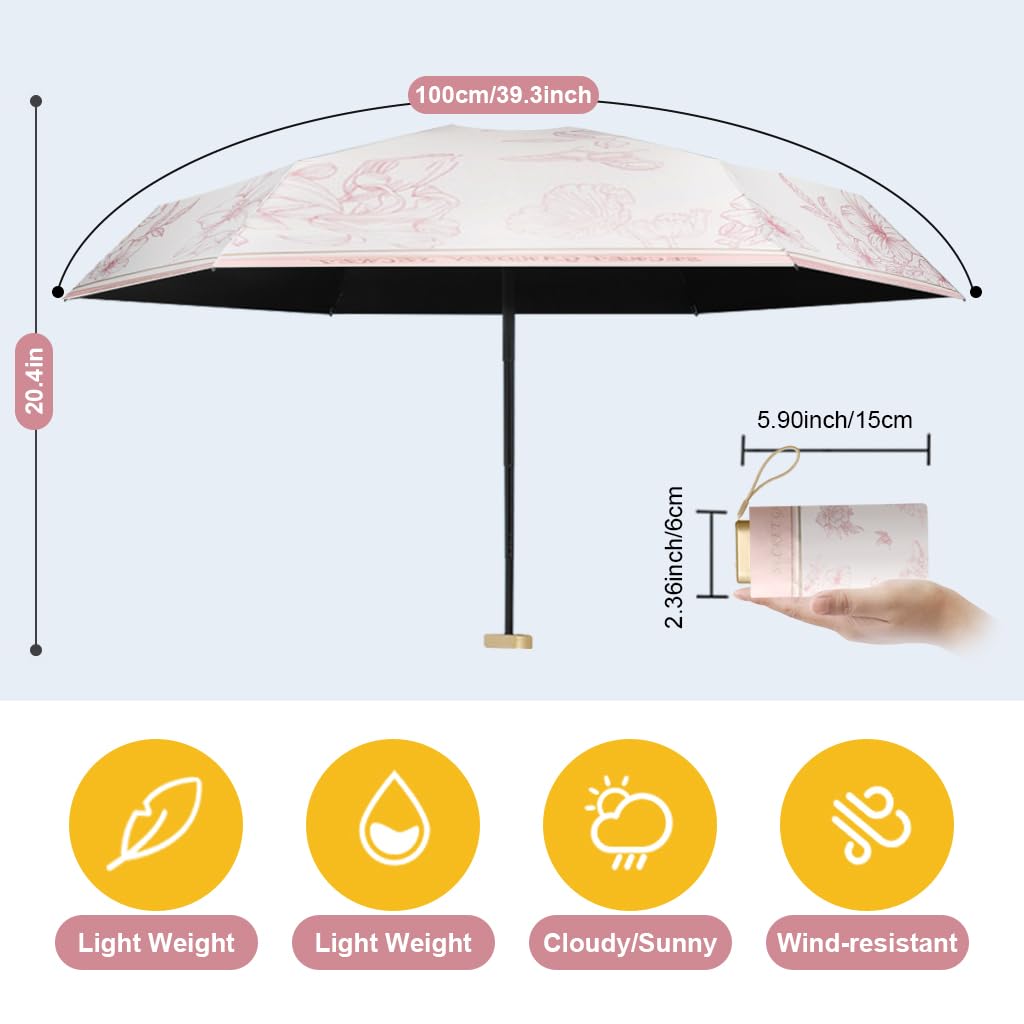 PALAY Women Sun Umbrella UPF 50+ Sun Protective Sun Umbrella with Black Liner 6 Strong Ribs Design Fashion Floral Folding Umbrella Travel Lightweight Umbrella with Handstrap