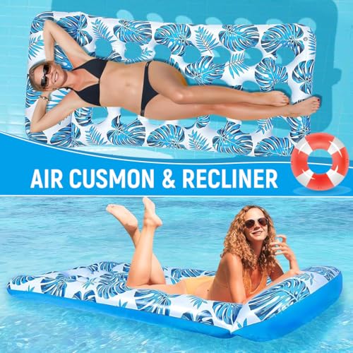 Proberos® Premium PVC Pool Lounger for Adults 160cm Extra-Long Inflatable Floating Bed with Headrest Sun Shade Heavy-Duty Float for Sunbathing Lake Beach Blue 2 PCS