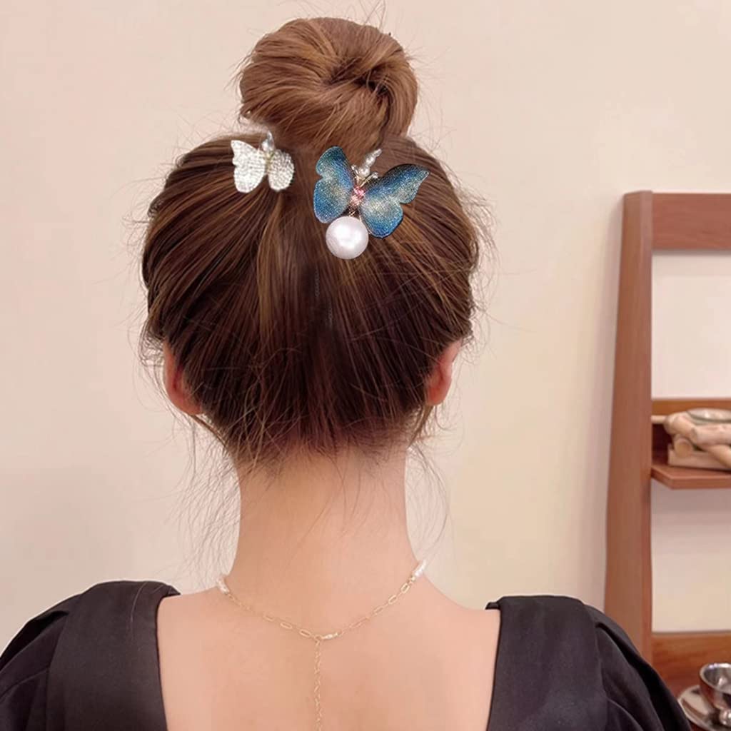 PALAY Hair Bun Accessories for Women Pearl Butterfly Bun Holder Hair Style Clip, Stylish Metal Rhinestone Twist Hair Bun Clips for Ladies Bride Party or Daily