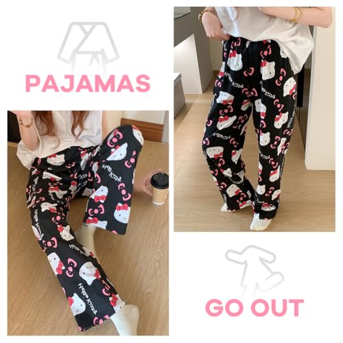 SANNIDHI® Pyjama Pants for Women, Cartoon Kawaii Kitty Print Ultra-Soft Cotton Lounge Pants Comfy Casual Pajama Bottoms with Elastic Waistband Lounge Pants Sleepwear, 2XL, Black