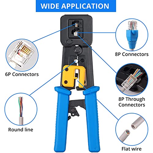 Serplex RJ45 Crimping Tool for Cat6 Cat5e Cat5, 50PCS RJ45 Cat6 Pass-Through Connectors, 50PCS Covers, Network Cable Tester, Screwdriver, Wire Punch Down Cutter, Wire Stripper, with Storage Bag