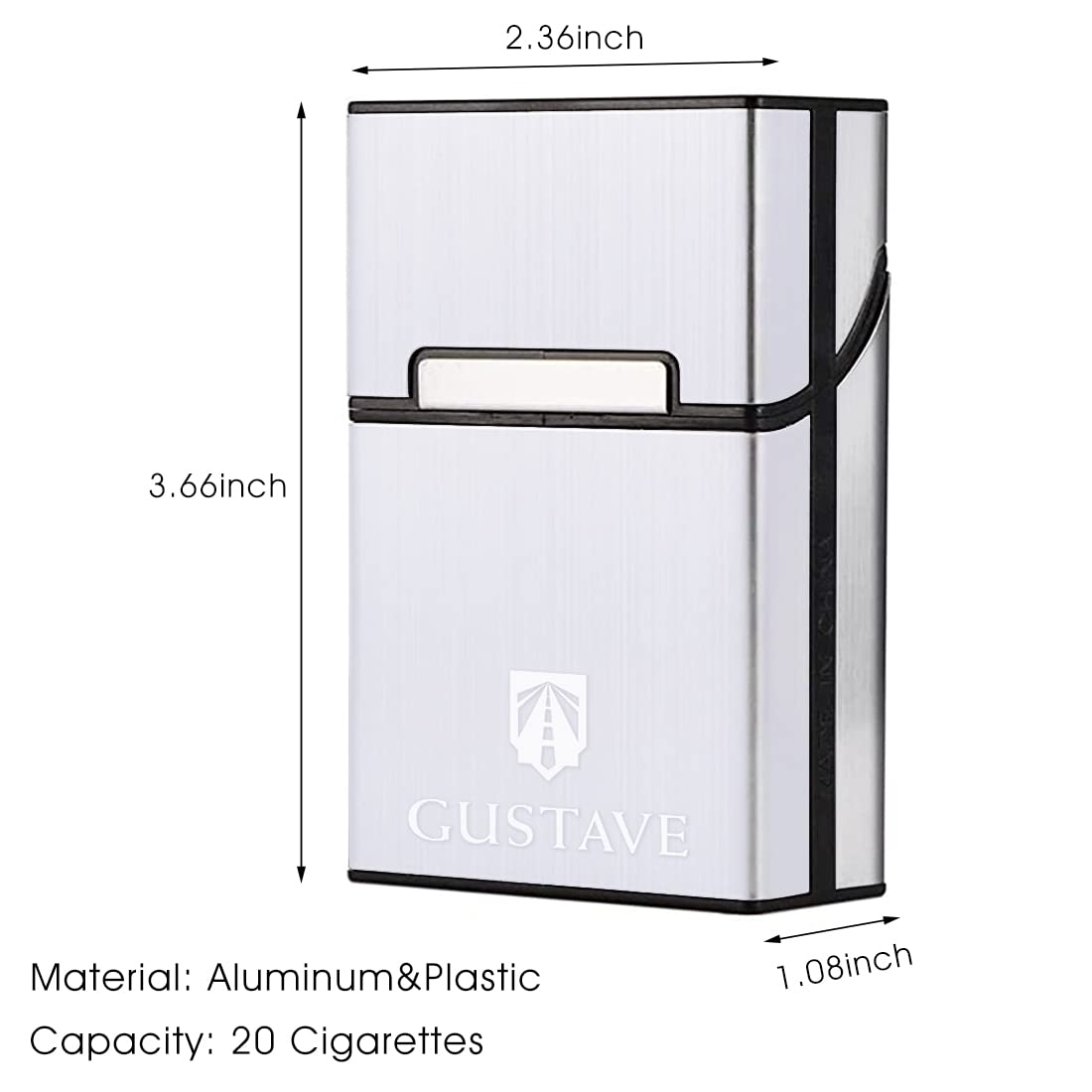 GUSTAVE Cigarette Case King Size for Whole Package Cigarettes 20pcs Anti-Collision Splash Proof and Scratch Resistant 2 Pack, Plastic Material, Aluminum Sheet Veneer(Black + Silver)